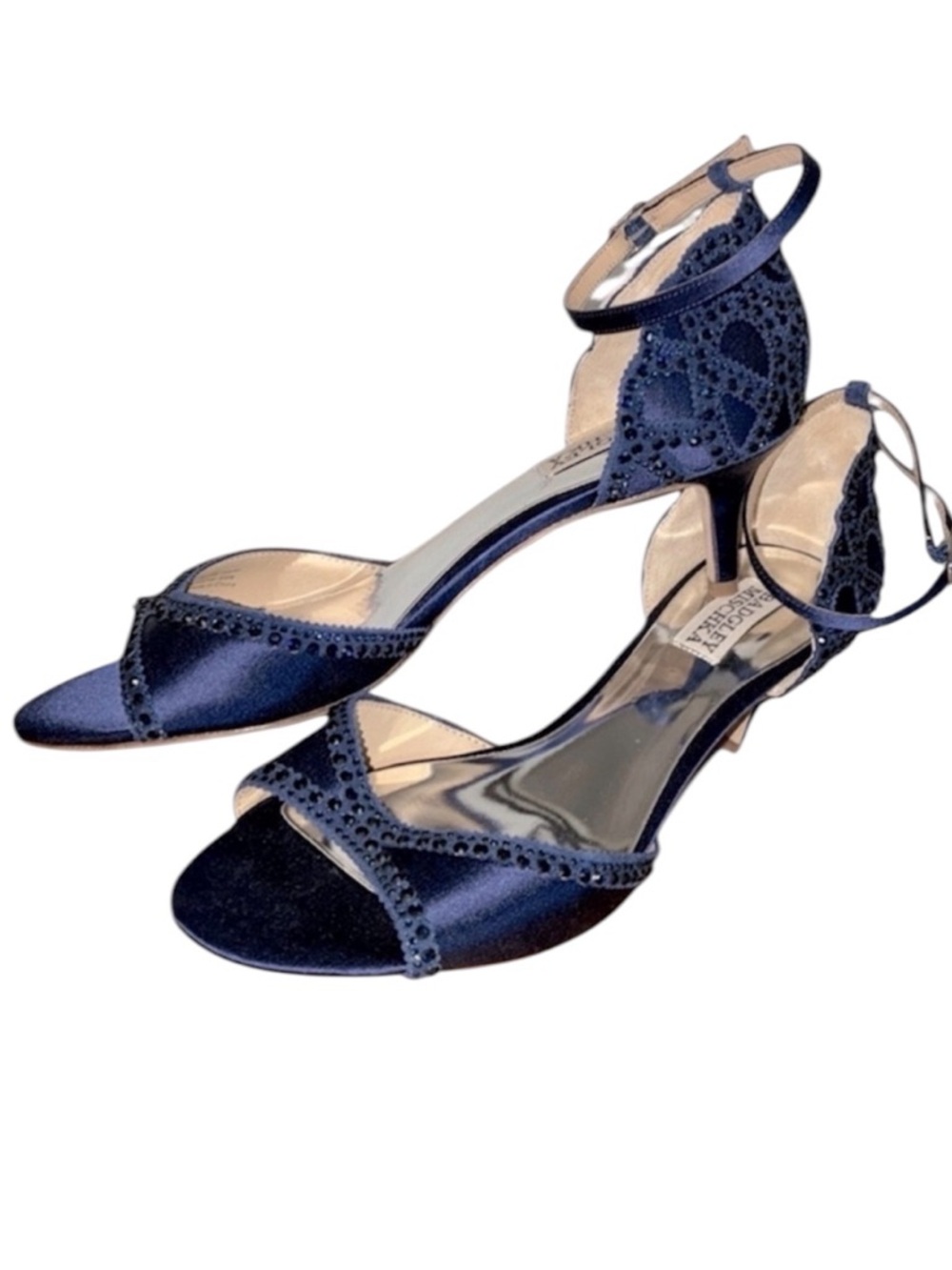 BADGLEY MISCHKA Elegant Blue Bejeweled Sandals, Slingback Kitten Heel 8.5